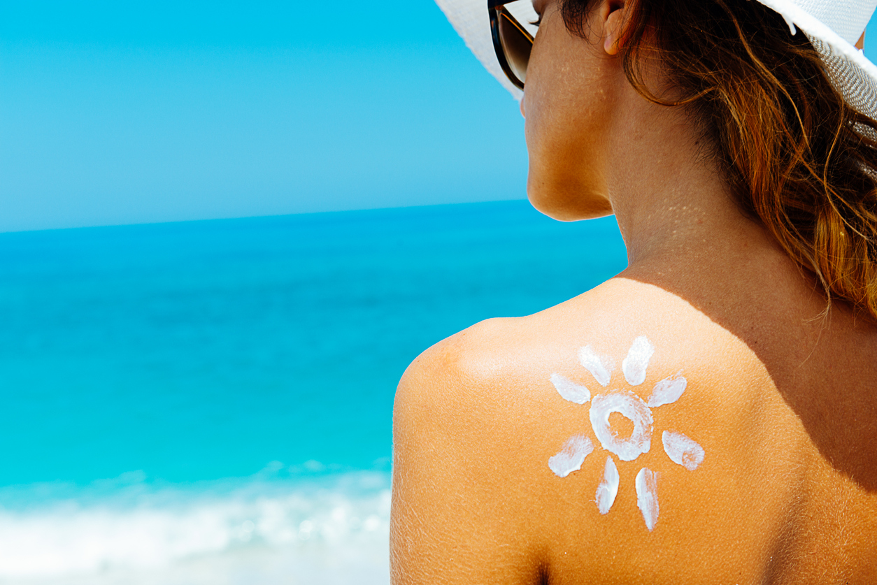 Topless caucasian woman at beach with